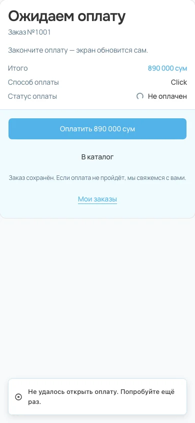Экран ошибки оплаты на тестовом заказе. Сохраняются переход к заказу и повторная попытка.