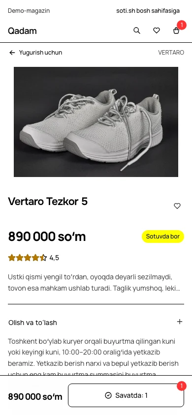Qadam doʻkonidagi mahsulot kartochkasi. Xaridor surat, narx va tavsifni bir joyda koʻradi.